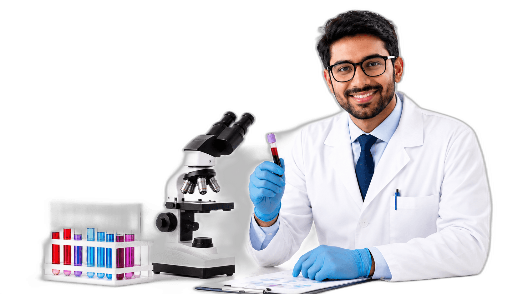 Pathology professional with microscope and blood sample
