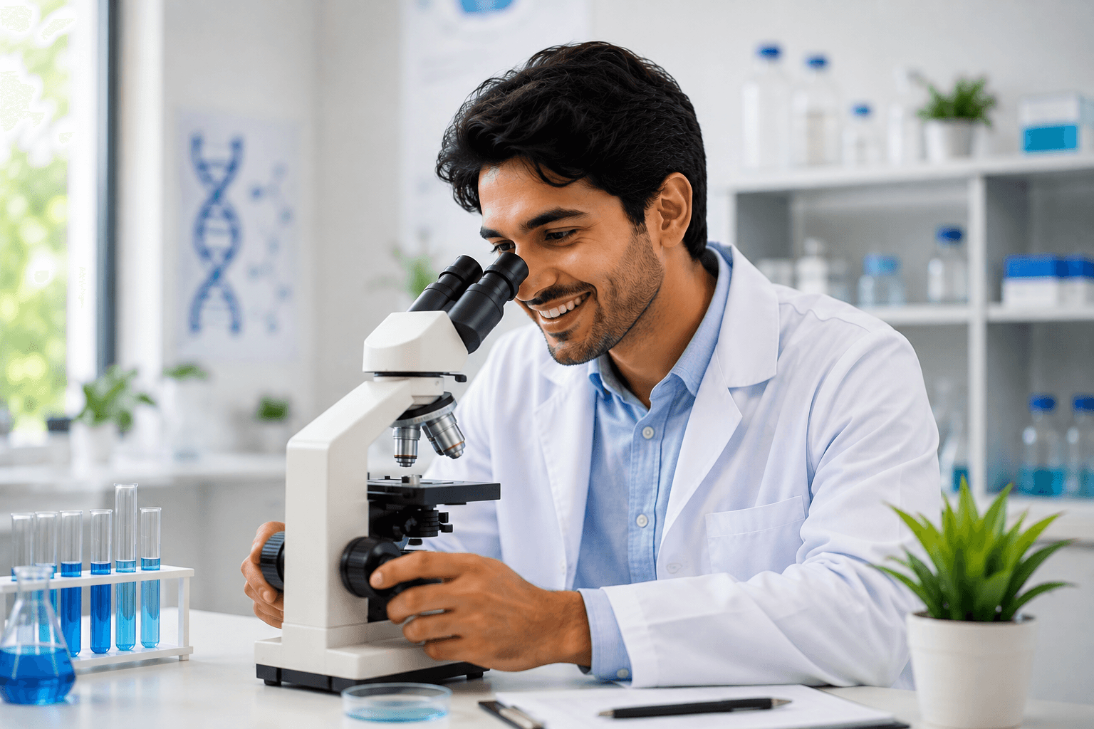 Laboratory scientist examining a sample under a microscope