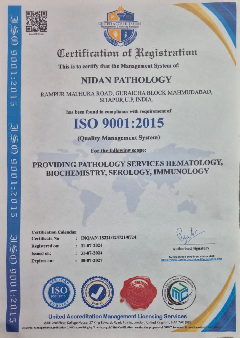 ISO 9001 2015 Certification of Registration for Nidan Pathology