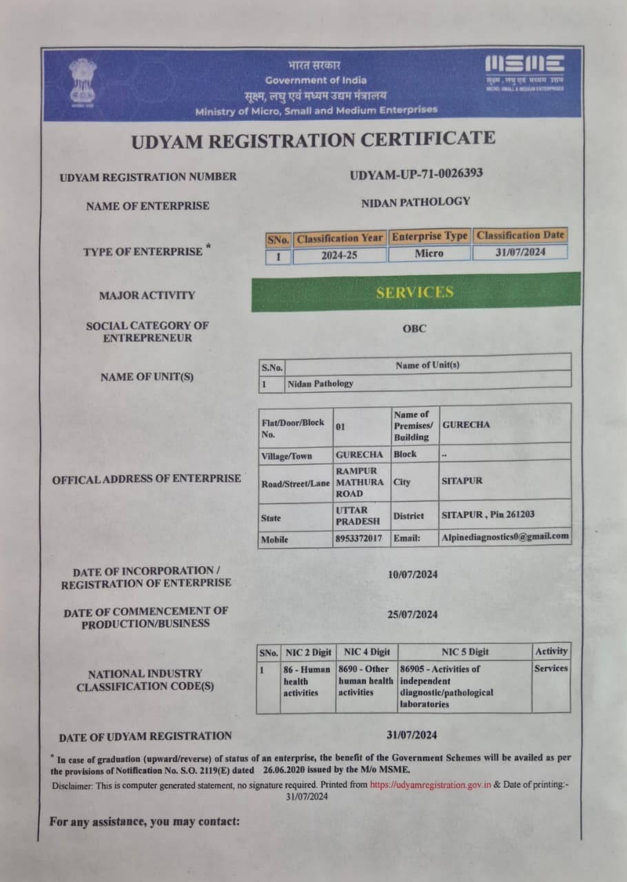 Udyam Registration Certificate for Nidan Pathology